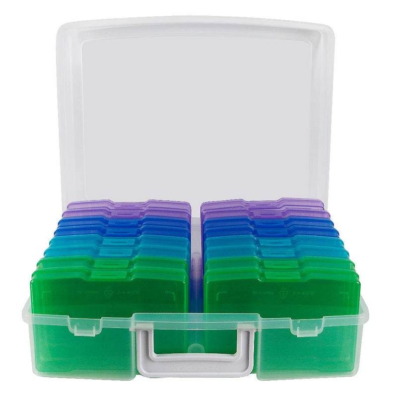 novelinks Transparent 4" x 6" Photo Organizers and Photo Storage Box with Handle, 16 Inner Photo Cases, Portable Picture Organizers & Photo Storage Containers (Cool-Colored) - Image 1